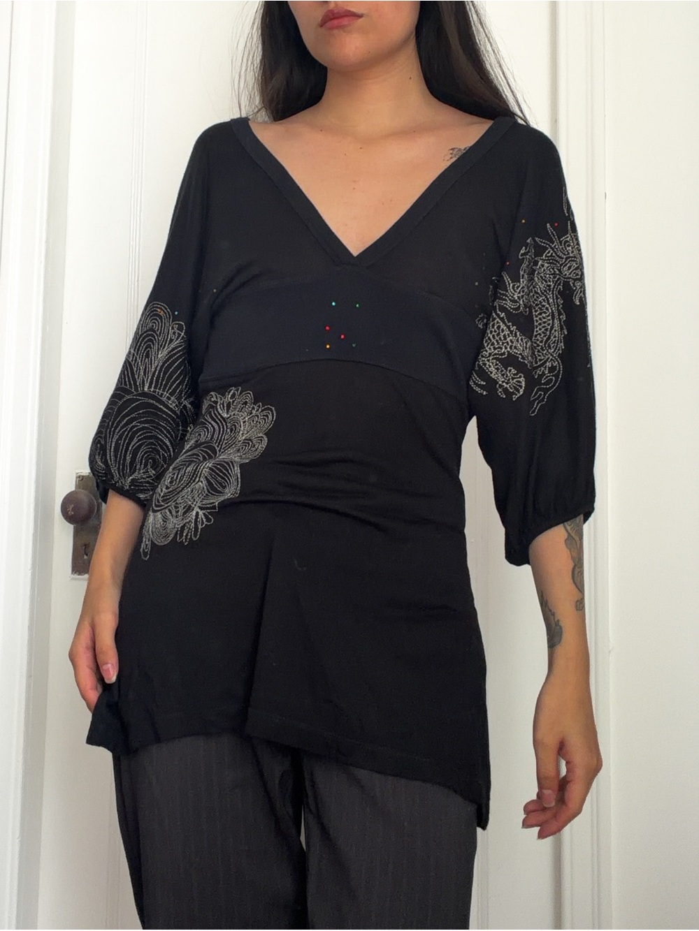 Vintage Desigual Low V Neck Babydoll Tunic With Floral Patterns